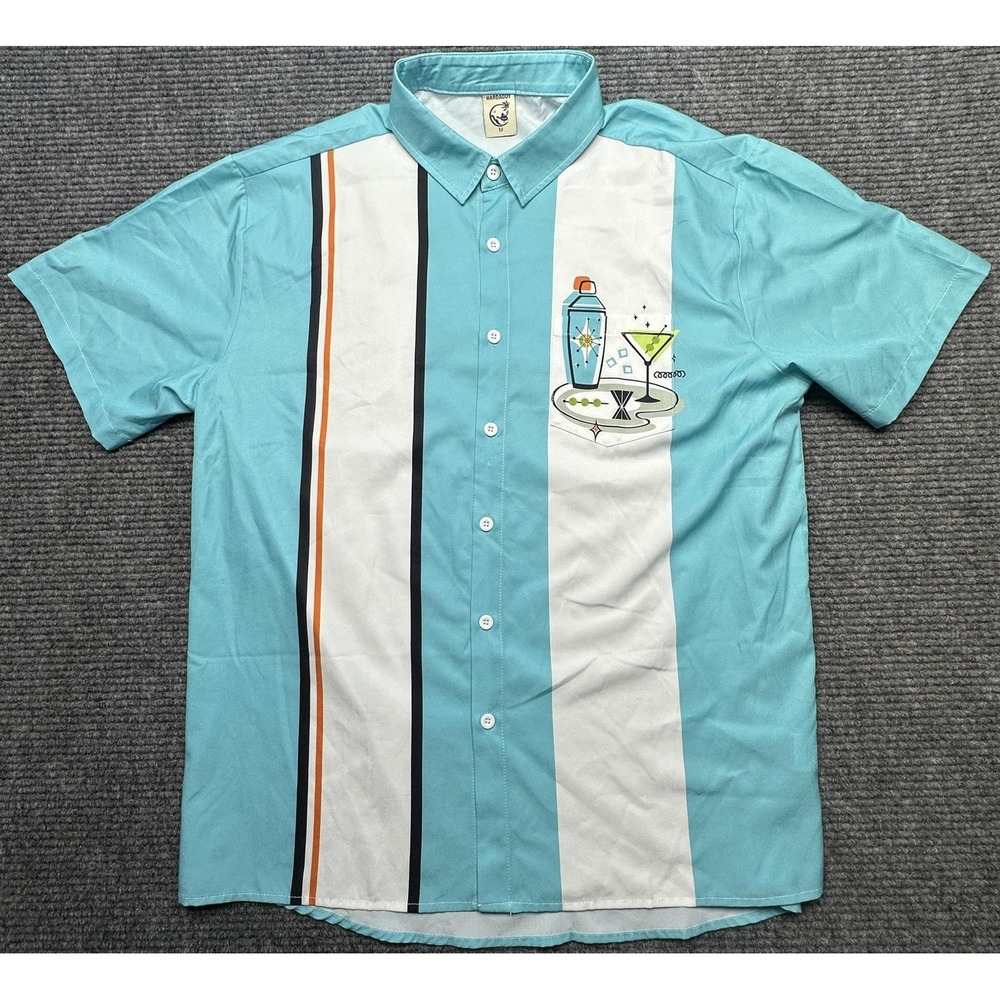 HARDADDY Shirt Mens‎ Medium Blue Stripe Short Sleeve Retro Cocktail Button Down